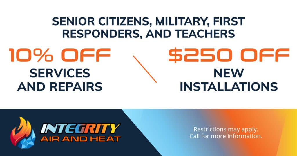 Integrity Air and Heat HVAC discount for 10% off services and repairs, or 0 off new installations. Call 386-243-4850 for details.